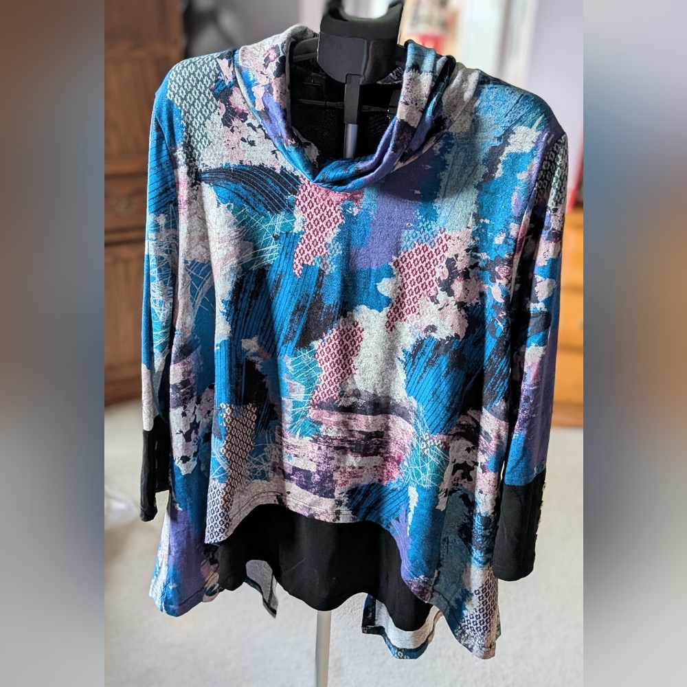 Red Coral Abstract Blue and Black Women's Split Back Sweater As Seen On TSC